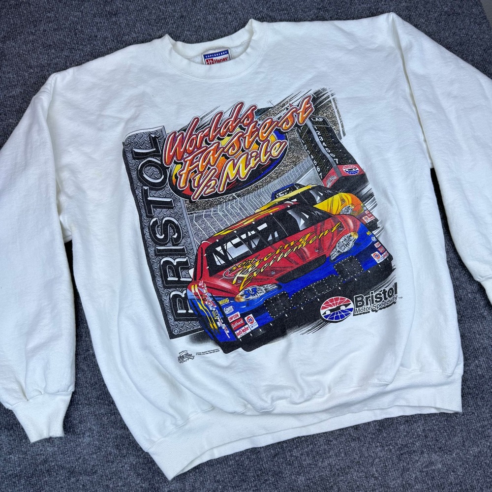 VTG Y2K Hanes Bristol Motor Speedway Fastest 1/2 Mile Graphic‎ Sweatshirt Mens